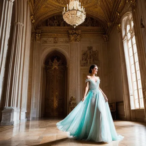 Prompt: Generate a photorealistic image of a beautiful woman standing in a grand castle. Use soft lighting (f/1.8, ISO 200) to highlight her grace and elegance. The woman is adorned in a sumptuous gown, her eyes sparkling with intelligence and charm. Behind her, the castle's intricate architecture and rich history unfold, adding depth and grandeur to the scene.

