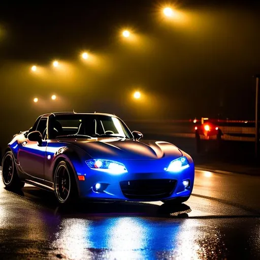 Prompt: Custom Miata with headlights on pointed straight towards camera on a rainy night, only the silhouette and lights visible 