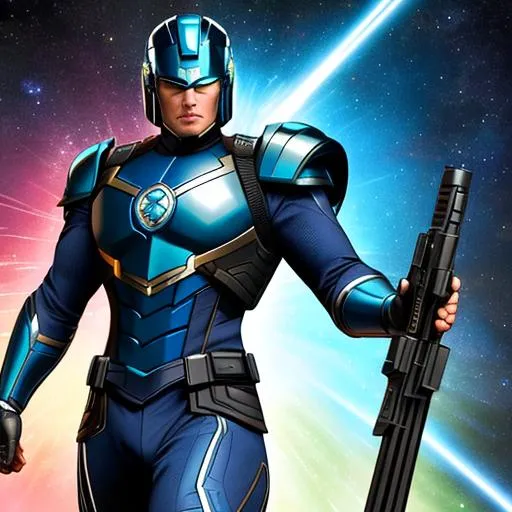 Prompt: Full body, whole figure. A marvel cinematic universe male kree officer. His skin is blue and his hairs green. He wears a nova corps helmet on his head. And wields a laser rifle. Well draw face, detailed. Marvel comics, Dc comics, Image comics, comics art. 