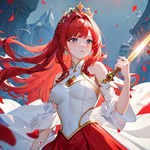 Prompt: Haley as a horse girl with bright red side-swept hair, crying, wearing a white and gold royal gown covered in blood stains, wearing a crown, holding a dagger. 