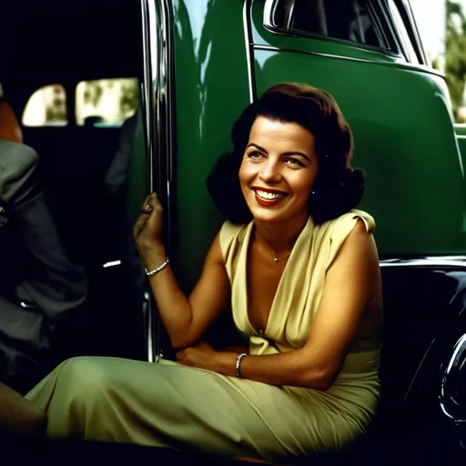 Prompt: 
Elis Regina singer sitting in the back of a car with a smile, 1950s Smile, retro style 7 0 s, vintage color photo, 1 9 7 0 s Turismo de Americana
