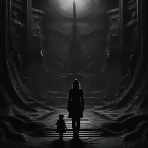 Prompt: ((In the style of H.R. Giger)), dark, eerie, surreal, atmospheric, haunting, intricate, detailed, shadowy, monochromatic, carefully composed, foreboding, macabre, twisted
A young family stands at the center of a nightmarish landscape, surrounded by an overwhelming horror vacui of intricate and dark elements. The environment is filled with Gigeresque structures, organic and mechanical, intertwined in a surreal and unsettling way. The shadows cast by these structures add to the foreboding atmosphere, while faint glimmers of distant light suggest a dimly lit abyss. The family appears both fascinated and terrified, their expressions mirroring the disturbing beauty of their surroundings.