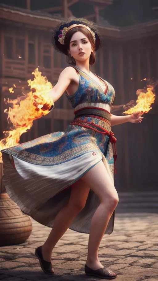 Prompt: Folk beautiful girl from Bulgaria with traditional rhodope robe dancing over coals!!! soft lighting, 8k resolution, hyper detailed, cinematic, deep lighting, Ukiyo-e hyperdetailed Unreal Engine dynamic lighting,Splash art, trending on Artstation