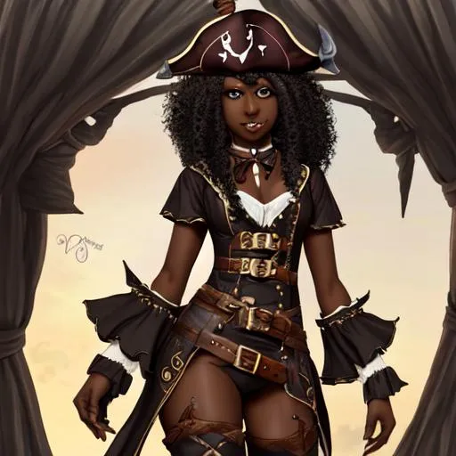 Prompt: elf ears, dark skin, curly hair, pirate outfit, fullbody