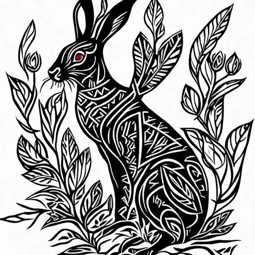 Prompt: Please create a tribal art style black ink tattoo image of a leaping hare surrounded by wild roses.