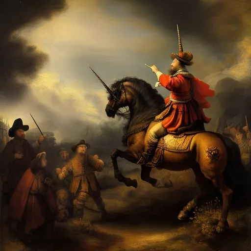 Prompt: A Rembrandt style painting of the hunt of a unicorn