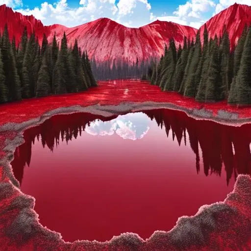 Prompt: a deep big red lake with red geysers that has a river, on a mountain. Has silver trees around it.

