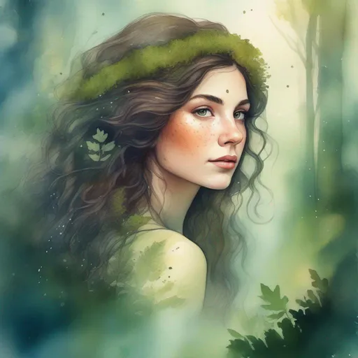 Prompt: A beautiful, enchanting, colourful, brunette and caucasian Canadian/Irish/French with light freckles forest nymph woman with moss and forest themed hair, with magical forest details staring confidently in a dreamy painterly watercolour style profile picture