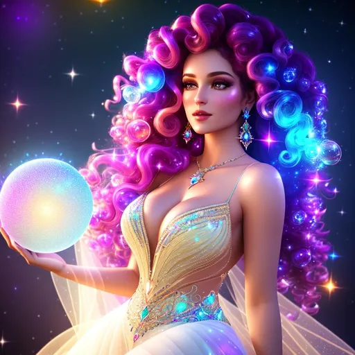 Prompt: Beautiful ethereal being, magic glowing orbs, ((wearing diamantine intricate gown)) ((bright multi coloured galaxy curly hair)), glowing, trails of light, wisps, soft white skin, slight sparkles, unreal engine 8k octane, 3d lightning, stellar, quartz, gem rain, luminous chest, fantasy