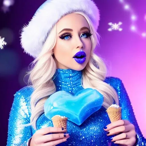 Prompt: Ice Queen Kayleigh McEnany, Elsa, eating blue ice cream in winter,   blue lipstick, Large frozen Ball Gown, pleasant face, blue eyes, Black-purple eyeshadow, Sugar Hat, extremely large ice earrings. Wide Blue heart necklaces, Cold color scheme, snowing, Wind trails ultradetailed, 8k resolution, perfect, smooth, high quality, shiny. 