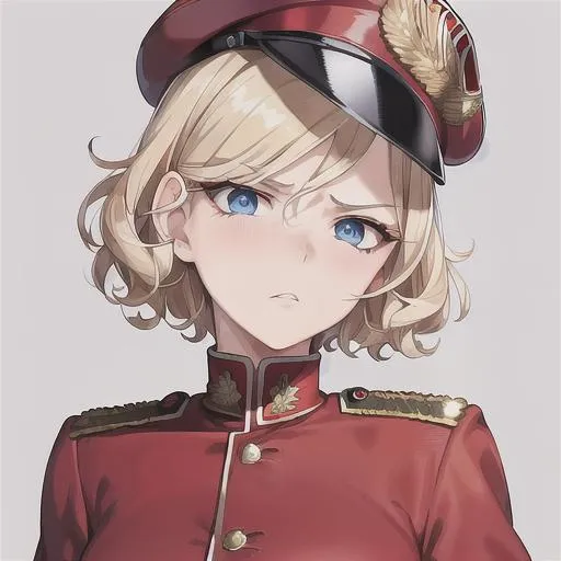 Prompt: (masterpiece, illustration, best quality:1.2), portrait, angry expression, mature look, eye bags under eyes, black eyelashes, short curly pixie style hair, blonde hair, blue eyes, all red German soldier uniform, commanders hat, best quality face, best quality, best quality skin, best quality eyes, best quality lips, ultra-detailed eyes, ultra-detailed hair, ultra-detailed, illustration, colorful, soft glow, 1 girl