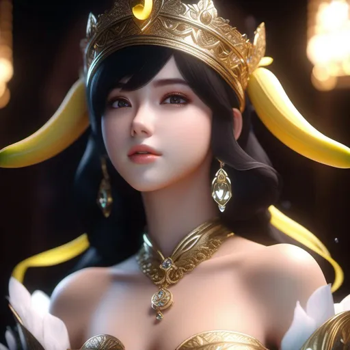 Prompt: {{{{highest quality absurdres best award-winning masterpiece}}}} best octane rendered stylized splashscreen videogame trailer digital oil art {{hyperrealistic stunning cinematic semi-anime waifu style}} closeup of hyperrealistic intricately hyperdetailed wonderful stunning beautiful gorgeous charming cute posing feminine 22 year {{banana-spirit queen}} with {{hyperrealistic dark ombre hair}} and {{hyperrealistic perfect beautiful eyes}} wearing {{hyperrealistic yellow banana queen themed outfit}} with deep exposed visible cleavage and tight arousing abdomen, in {{hyperrealistic intricately hyperdetailed perfect 128k highest resolution definition fidelity UHD HDR}},
hyperrealistic intricately hyperdetailed wonderful stunning beautiful gorgeous charming cute natural feminine semi-anime waifu face with romance glamour soft skin and red blush cheeks and perfect cute nose eyes lips with sadistic smile and {{seductive love gaze at camera}},
hyperrealistic perfect posing body anatomy in perfect epic cinematic intimate stylized composition with perfect vibrant colors and perfect shadows, perfect professional sharp focus RAW photography with ultra realistic perfect volumetric dramatic soft 3d lighting, trending on instagram artstation with perfect intimate epic cinematic post-production, 
{{sexy}}, {{huge breast}}