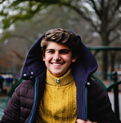 Prompt: professional close-up photograph of a preppy smiling teenage boy wearing a sweater,  soft lighting, in the park, 24mm, canon