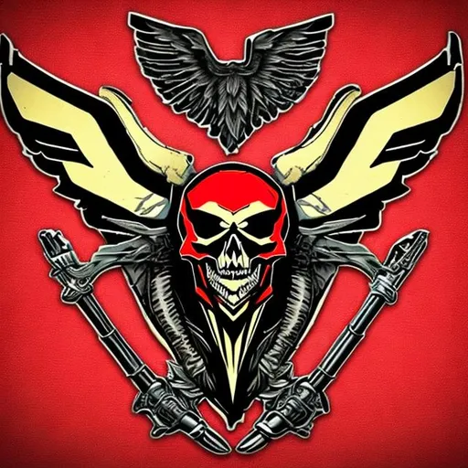 Prompt: Motor Cycle crew emblem. name is Askani Uprising MC. Red black and gold. Skull with wings. 