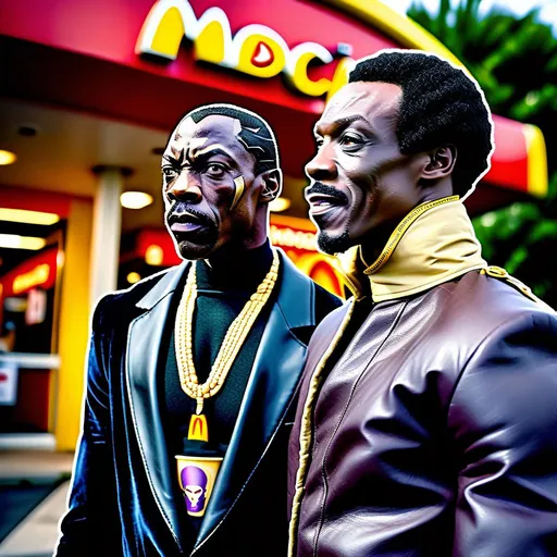 Prompt: Black Panther meets Eddie Murphy dressed as an African prince in front of a McDonalds restaurant, 80mm lens, over the shoulder point of view, photograph, film, video camera, realistic, highly detailed