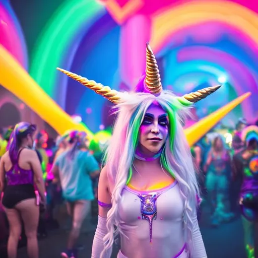 Prompt: a white-haired young woman dressed like a unicorn to go to rave created by Peter Max