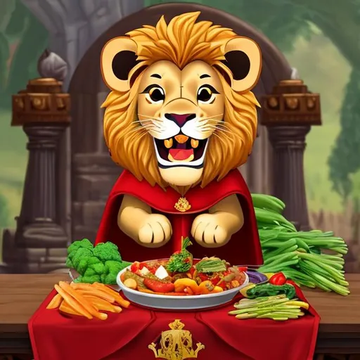 Prompt: delight happy lion  with a red king's cape on throne in palace eating veggies
