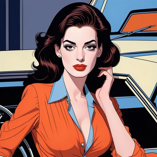 Prompt: "Create a patrick nagel depiction of an actress resembling Anne Hathaway styled as Daisy Duke from the Dukes of Hazzard.