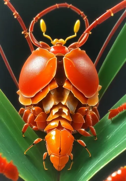 Prompt: UHD, , 8k,  oil painting, Anime,  Very detailed, zoomed out view of character, HD, High Quality, Anime, Pokemon, Parasect is a large cartoonish orange insectoid hermit-crab-like cicada Pokémon that has been completely overtaken by the parasitic mushroom on its back. It has a small head with pure white eyes and a segmented body that is mostly hidden by the mushroom. It has three pairs of legs with the foremost pair forming large pincers. The fungus growing on its back has a large red cap with yellow spots throughout.

The insect has been drained of nutrients and is now under the control of the fully-grown tochukaso. Removing the mushroom will cause Parasect to stop moving. It can thrive in dark forests with a suitable amount of humidity for growing fungi. Swarms of this Pokémon have been known to infest trees. The swarm will drain the tree of nutrients until it dies and will then move on to a new tree. 

Pokémon by Frank Frazetta