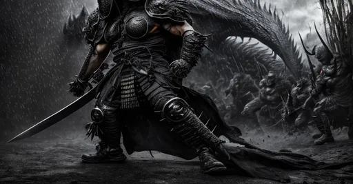 Prompt: HDR, professional, 8k, best version, masterpiece faceless samurais fighting in the war with black armor black full face helmet black katana against giant hellish dragons standing in the rain Dark art, artstation, hyperdetailed intricately detailed , unreal engine, other wordly, intricate detail, dark colors, 8k, masterpiece, heavy strokes, doom eternal