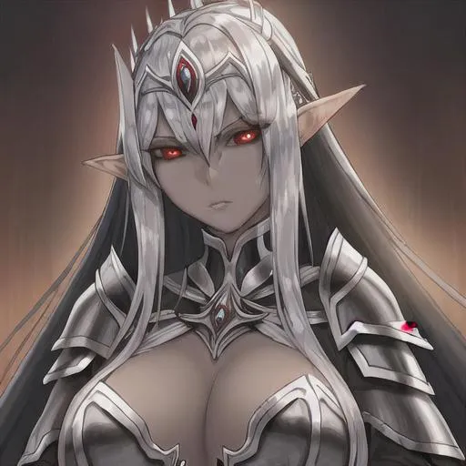 Prompt: woman big brests dark long hair red eyes elf ears metal plate armor tiara dark elf