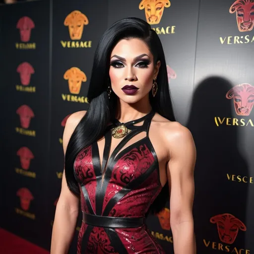 Prompt: Gorgeous elegant muscular 25-year-old drag queen with long straight shiny black hair, wearing a beautiful Versace designed dress and 8 inch stiletto high heel shoes,  dark smokey eye shadow, Dark red lipstick.  Walking the red carpet.