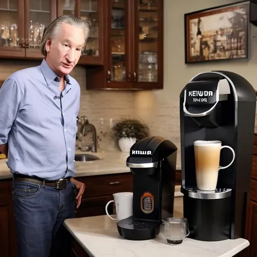 Prompt: Bill Maher having trouble with his Keurig machine