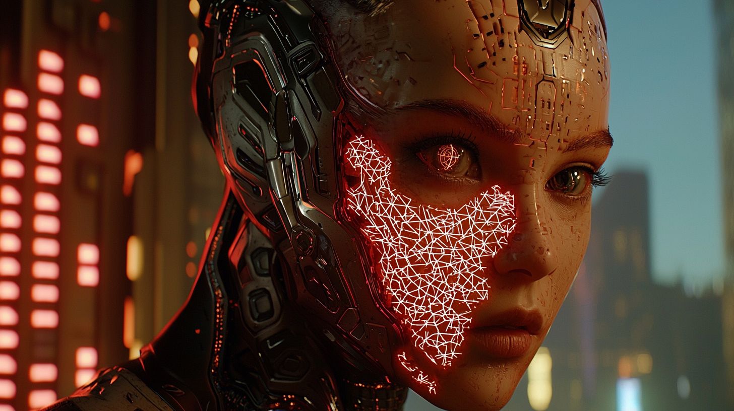 Prompt: Wide ratio red shift render capturing a close-up of an anthropomorphic female's face, her features displaying the intricacies of transhuman design. As she appears to be breaking apart, an amalgamation of embers and algorithmic patterns emerge, with a backdrop of a city building and glowing GPU terminals.