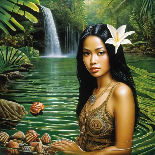 Prompt: pretty young Indonesian woman, 25 year old, (round face, high cheekbones, almond-shaped brown eyes, epicanthic fold, long black hair with seashell ornaments, small delicate nose), emerging from water, scenery natural pool in tropical Indonesian rain forest, lush green plants, waterfall, masterpiece, intricate detail, hyper-realistic, photorealism, hyper detailed texturing, high resolution, best quality, UHD, HDR, 8K, award-winning photograph, octane render