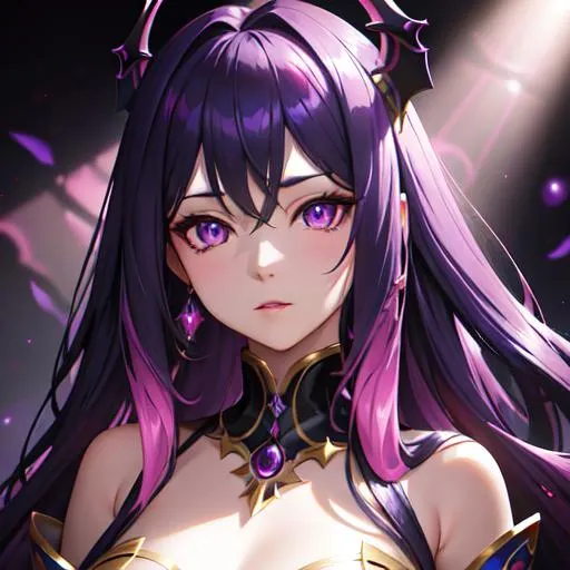 Prompt: detailed background, portait young woman, purple and deep blue long hair, dark pink eyes, lights and shadows efects, magic efects, the chaos of light, tuning colors, detailed splash light colors efects, empress of demon