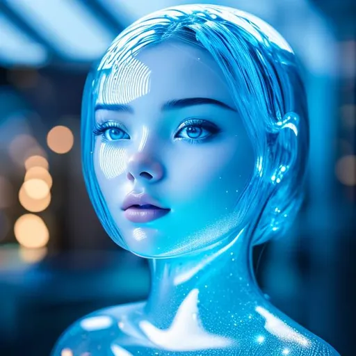 Prompt: girl made of glass, transparent girl, blue and white light shining through, glass, transparent, hyper realistic details, cinematic lighting, 3d, 8k