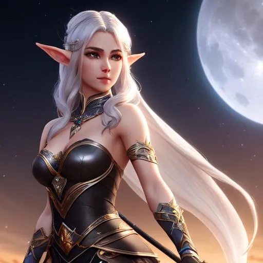 Prompt: Portrait of a Beautiful Female elf with silver hair dancing under the moonlight, fantasy, intricate, elegant, highly detailed, digital painting, trending on artstation, concept art, smooth, sharp focus, illustration art by Stanley Lau and greg rutkowski,  unreal engine, 4k, 8k