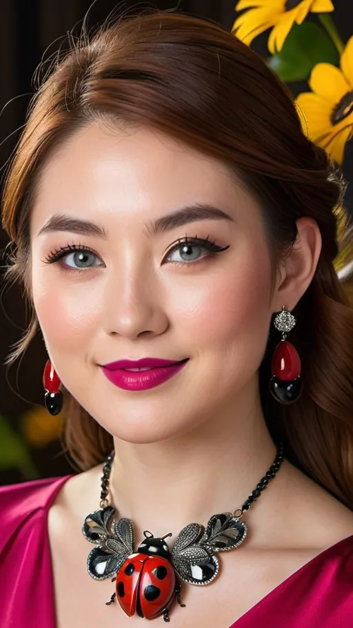 Prompt: Photo of a Japanese woman, age 22, ((long feathered auburn hair, light gray eyes)), diamond face, narrow upturned nose, arched eyebrows, rosy makeup, bright red lipstick, ((ruby & obsidian lady bug pendant necklace)), fuchsia silk blouse with black collar, high-res, professional lighting, smile, floral arch background, vibrant colors, intricate face details, highly detailed jewelry, professional portrait