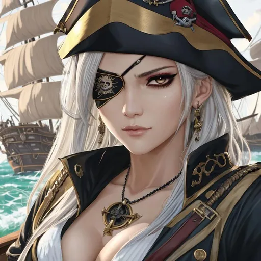 Prompt: "A close-up photo and detailed portrait of a breathtaking female pirate wearing an eyepatch on her right eye, in anime style. The female pirate's face is the center of attention, with a sense of inner beauty and power that draws the viewer in. The detailing of the female pirate's face is stunning, with every pore and feature rendered in vivid detail, including the eyepatch on her right eye that accentuates her position as a pirate on the high seas. Her eyes are piercing and captivating, with a sense of inner determination and strength that suggests a deep connection to her position as a warrior on the high seas. The female pirate's skin is smooth and flawless, with an elegant and youthful complexion that accentuates her position as a woman of great beauty and inner power. The overall composition is stunning and evocative, capturing the gorgeous female pirate's beauty, strength, and inner light in a single majestic image, in stunning anime style."