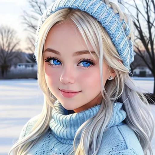 Prompt: young girl,  blonde hair, wearing a blue sweater, covered in frost, bashful hypnotic blue eyes, calm bashful smile, gorgeous silver hair