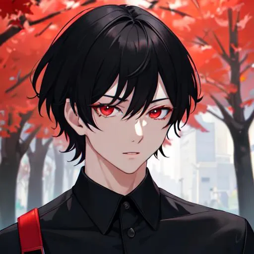 Prompt: Damien (male, short black hair, red eyes) in the park at night, casual outfit, dark out, nighttime, midnight, 8k resolution, ultra detailed, high resolution, dark out