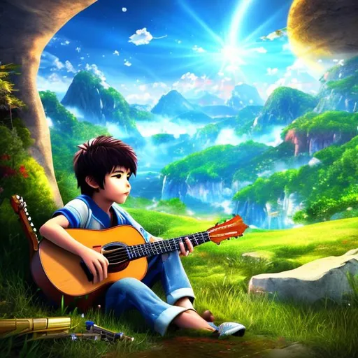 Prompt: anime image, a young boy playing music in nature faraway,  4k high quality