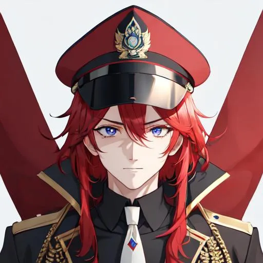 Prompt: Zerif 1male as a male police officer (Red side-swept hair covering his right eye)UHD, 8K, Highly detailed, insane detail, best quality, high quality, wearing a blue male police uniform, anime style