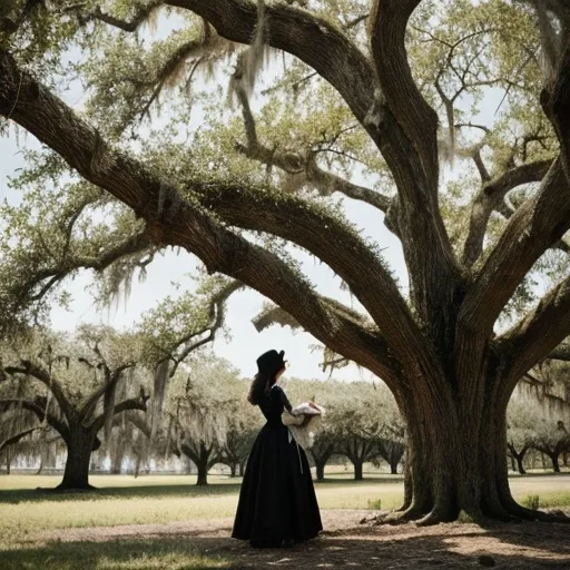 Prompt: 18th century French, Evangeline standing under an oak tree Spanish moss  looking  at  the  Bayou waiting for her forever lost love Gabriel 