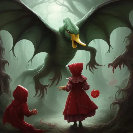 Prompt: candy duck cthulhu chasing little red riding hood on the path in the dark forest , grimm's fairy tale, highly detailed concept art painting, digital art, trending on arstation, nightmare of H. P. Lovecraft