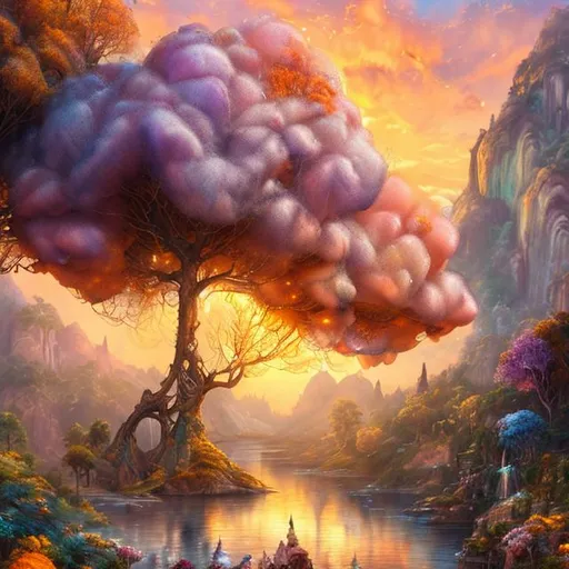 Prompt: watercolor, wet on wet, {{beautiful orange and yellow cotton candy tree in a mountain}} {highest quality concept art}, orange tones sunset in a spring background, style of Josephine wall and Daniel Merriam,
hyper realists, matte painting,  128k UHD HDR HD, professional long shot photography, unreal engine octane render trending on artstation