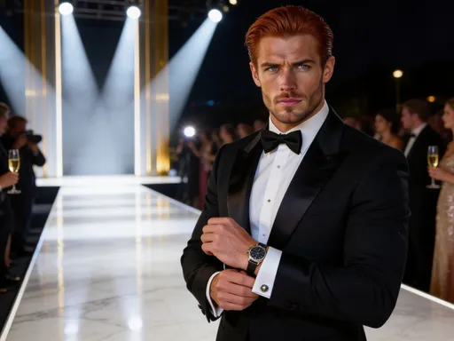 Prompt: High-end fashion gala at night, modern runway illuminated by soft white and gold spotlights, elegant crowd in the background holding champagne. Half-body cinematic composition.
@cgC71G8l1EXfleq2e5Vb wearing a perfectly tailored black tuxedo with satin lapels, crisp white dress shirt, slim black bow tie, polished cufflinks, luxury watch subtly visible. Hair styled back with refined precision. One hand adjusting his cuff.
Confident posture, composed expression, blending sophistication with quiet dominance. Soft flash photography in the background, glossy marble floors reflecting light, cinematic elegance, high detail, 4K realism.