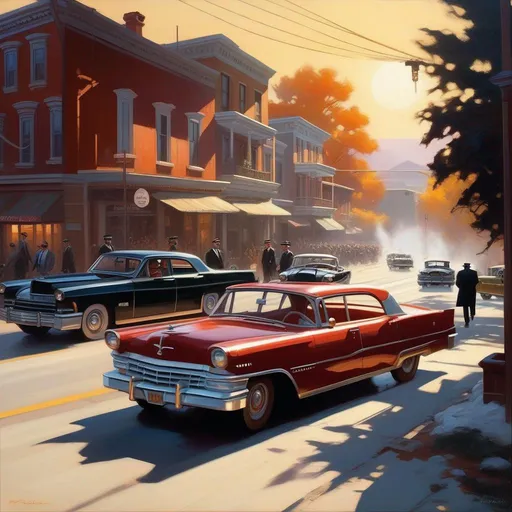 Prompt: Mafia II, car chase, cops, cartoony, sunny atmosphere, extremely detailed painting by Greg Rutkowski and by Henry Justice Ford and by Steve Henderson
