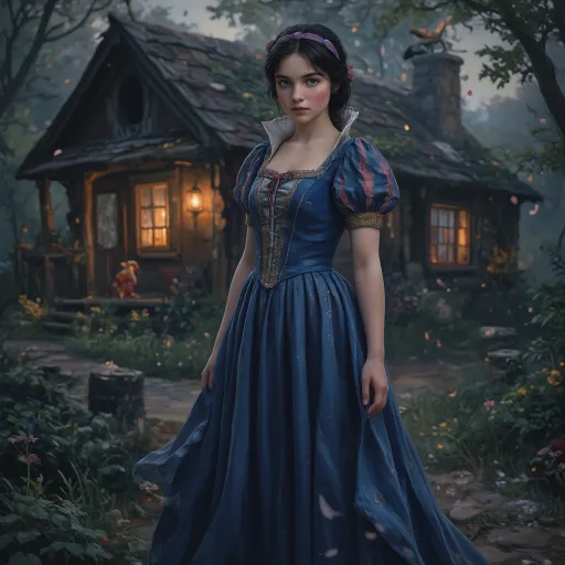 Prompt:  A full-length portrait of Snow White standing outside the Dwarves' forest cottage, styled with the delicate, hyper-realistic painterly look of a Renaissance-inspired fairytale painting. She has striking, wide cerulean blue eyes, a porcelain complexion with rosy cheeks, and dark hair tied back with soft purple ribbons. Her expression is gentle and curious, with a touch of innocence and resolve. Her dress is a modern fairytale reinterpretation: flowing, rustic yet elegant, in deep indigo and muted gold tones with subtle embroidery. The scene is set at twilight in a lush, enchanted forest, with the warm glow of lantern light spilling from the windows of the cozy wooden cottage behind her. Soft petals drift through the air, and birds perch nearby, adding to the enchanted ambiance. Style is hyper-detailed, cinematic, with soft lighting and magical realism. --v 5 --style painterly --lighting soft twilight --mood enchanted --focus full-body --environment forest cottage --texture realistic fabric and hair