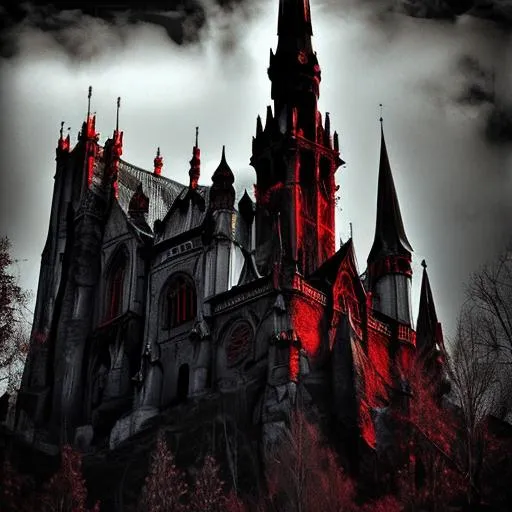 Prompt: black and red gothic church, vampire bats, dracula castle, dark fantasy
