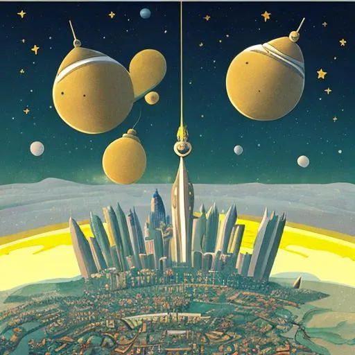 Prompt: Illustration of a city on a planet in the style of the little prince of  Antoine de Saint-Exupéry