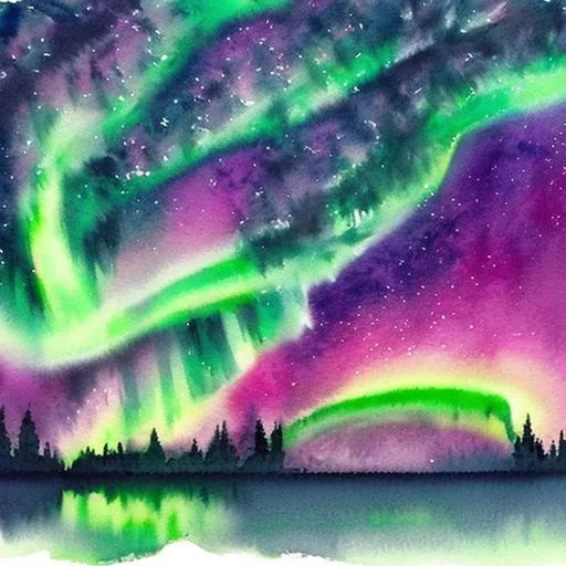 Prompt: Water color of northern lights