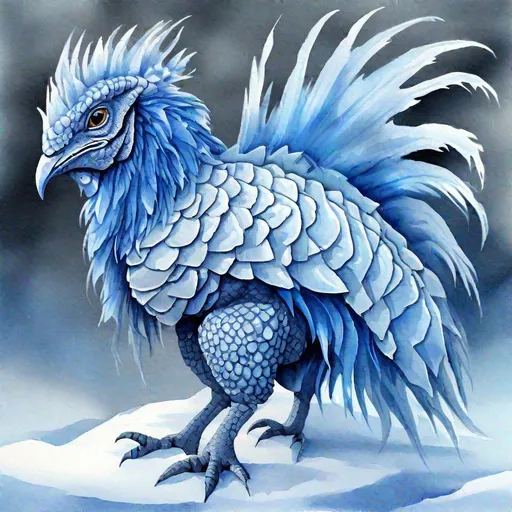 Prompt: Atmoran Bantam Guar which is a reptilian chicken-like creature, snow-grey scales, vivid deep blue horns and spikes, glowing with icy deep blue frost, icy blue eyes, comes from the frozen far-north, masterpiece, best quality, (in watercolor painting style)  