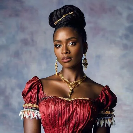 Prompt: masterpiece 18th century portrait of a dark skinned woman mix of kate winslet and amber heard as a early modern noble, dark skin, bavarian, detailed background, cute dirndl corset, detailed face, crimson accent, lifelike, photorealistic painting, sharp focus, dramatic lighting, depth of field, dark fantasy, elegant, beautiful, intricate details, matte, art by Jeremy Lipking and Michael Ancher and Gustave Moreau and Jan Matejko and Ivan Shishkin and Alfons Mucha and John Singer Sargent