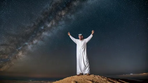 Prompt: an Arab men right hand up to sky standing on a hill, looking at the sky, low angle shot, ultra-wide lens, full body, very beautiful, stars in the sky, sky in background